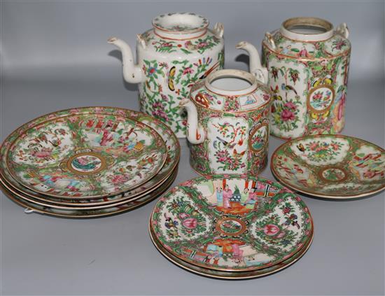 Three Canton famille rose three teapots and seven dishes, various (faults)